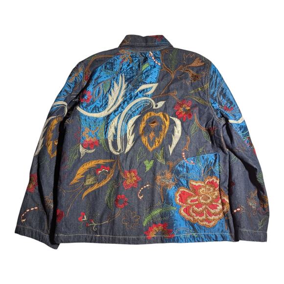 Vtg 1990s Chico's Dark Wash Denim Floral Patchwork Embroidered Zip Up Jacket 1 S - Picture 2 of 4